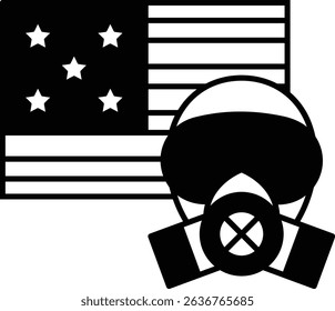 A black and white image of a man in a gas mask with a flag in the background. Concept of danger and protection