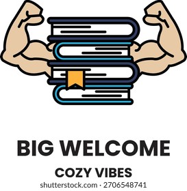 A black and white image of a man with his arms raised and a stack of books in the background. The image is titled Big Welcome and is associated with the brand Cozy Vibes