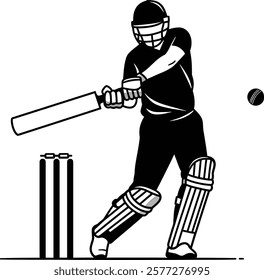 A black and white image of a man hitting a ball with a bat.