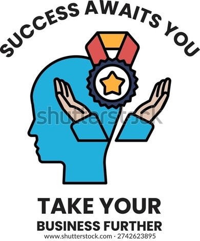 A black and white image of a man holding a trophy with the words "success awaits you" written below