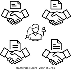 A black and white image of a man shaking hands with other people.