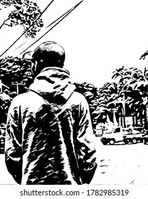 black and white image of a man standing on the street.