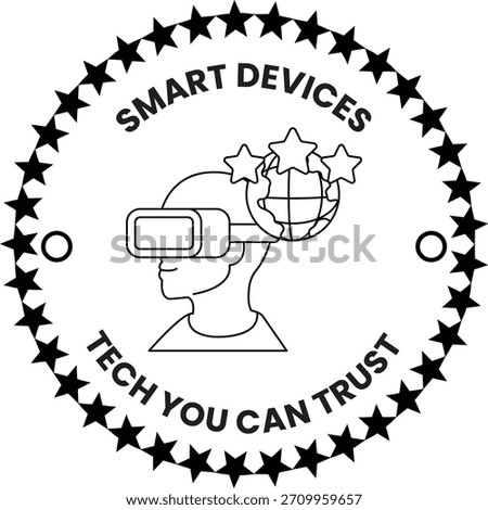 A black and white image of a man wearing a virtual reality headset. The image is surrounded by stars and the words 
