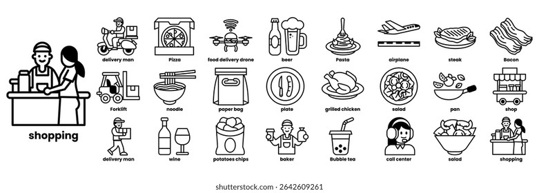 Uma imagem em preto e branco de um homem e uma mulher em um balcão com uma variedade de itens de comida e utensílios