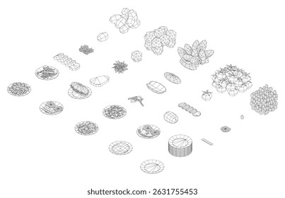 A black and white image of many different foods. The food are scattered across the image, with some overlapping and others standing alone. Scene is one of chaos and disorder