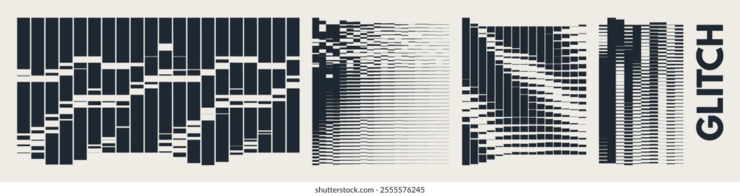 Black and white image of many rectangular flat shapes and lines of different thicknesses with transition and displacement effect. Dynamic gradient pattern. Vector for banner, flyer, cover or brochure.