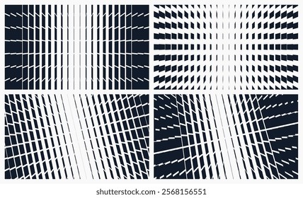 Black and white image of many rectangular flat shapes with transition effect. Dynamic gradient pattern. Space distortion and glitch effect. Vector for presentation, banner, flyer, cover or brochure.