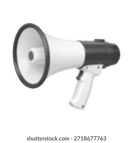 A black and white image of a megaphone. The image is rendered in a halftone dot pattern, giving it a retro or graphic novel feel. Isolated on a plain white background.