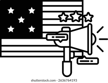 A black and white image of a microphone with a flag in the background. The flag has stars and stripes. Concept of patriotism and the importance of speaking up for what you believe in