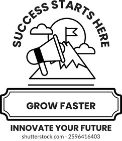 A black and white image of a microphone with a mountain in the background. The text reads "Success Starts Here" and "Grow Faster"