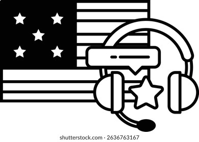 A black and white image of a microphone with a star and American flag in the background. Concept of communication and patriotism