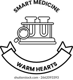 A black and white image of a microscope with a magnifying glass on it. The image is titled "Smart Medicine" and is surrounded by a ribbon