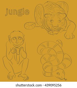 black and white image of a monkey, tiger and snake