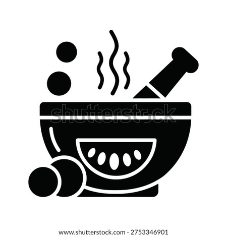 A black and white image of a mortar and pestle with steam