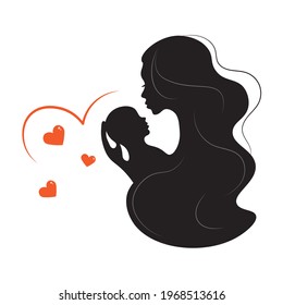 Black and white image of mother and child. Vector illustration, silhouettes of a young woman with a baby and hearts on a background.