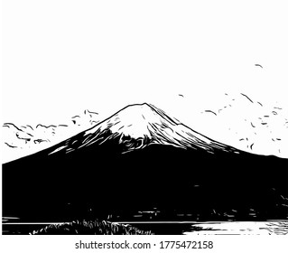 Black and white image of Mount Fuji