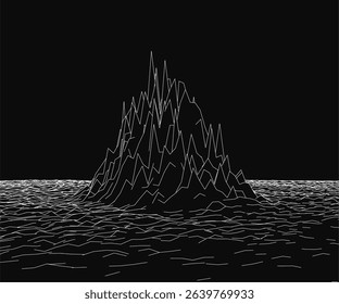 A black and white image of a mountain with a body of water in the background. The mountain is very tall and the water is calm. The image has a serene and peaceful mood