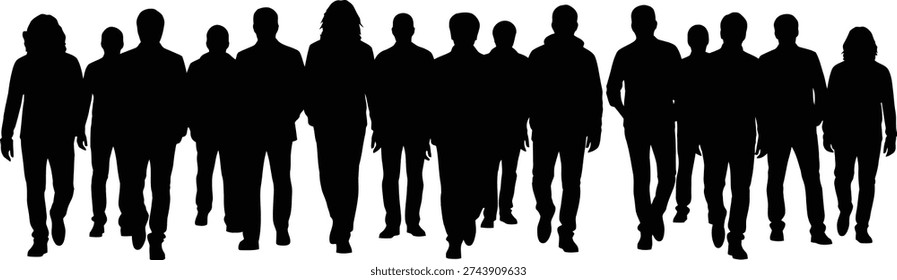 A black and white image of multiple human silhouettes standing in a group, faceless and featureless, against a plain background