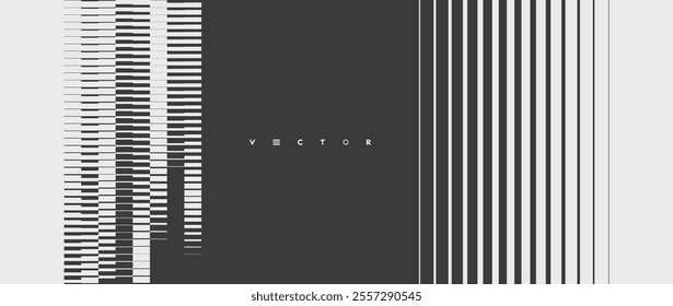 Black and white image of multiple lines of different thicknesses with transition and shift effect. Dynamic gradient pattern. Vector for banner, flyer, cover or brochure.