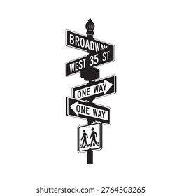 Black and white image of a new york city street sign post
