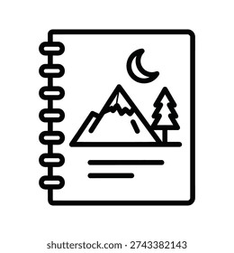 A black and white image of a notebook with a mountain scene