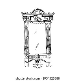Black and white image of an old window. Sketch in ink and pencil.