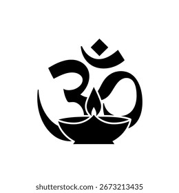 A black and white image of the Om symbol with a lit diya lamp.