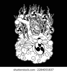 black and white image of One of the Japanese Mythology is the Raijin who carries the Heaven Seal circle. one of the oldest gods among all the gods in the Shinto religion.
