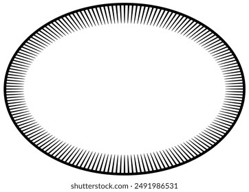 Ein Schwarz-Weiß-Bild eines ovalen Rahmens Der Rahmen besteht aus vielen gleichlangen Zeilen. Die Linien sind so angeordnet, dass ein Gefühl von Bewegung und Energie entsteht