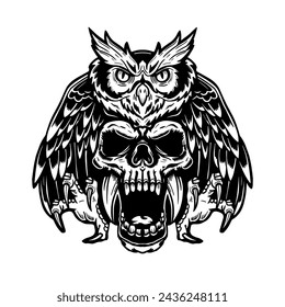 Black and white image of an owl inside a skull. vector illustration on white