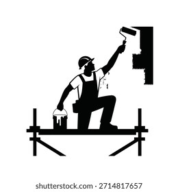 Uma imagem em preto e branco de um pintor que trabalha em andaimes, aplicando tinta.