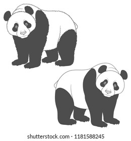 Black and white image of panda. Isolated vector objects on white background.