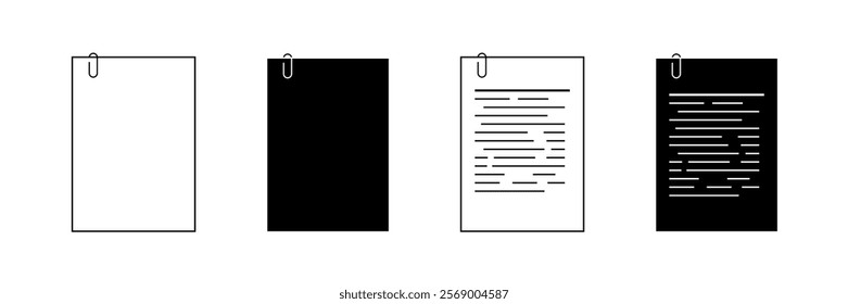 Black and white image of a paper with a paper clip on it. Vector icons