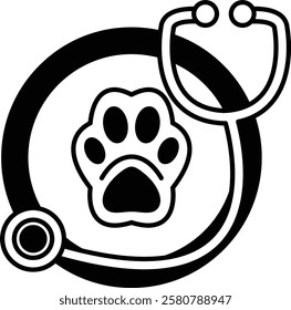 A black and white image of a paw and a stethoscope. The paw is on the left side of the image and the stethoscope is on the right side. Concept of medical care and attention for animals