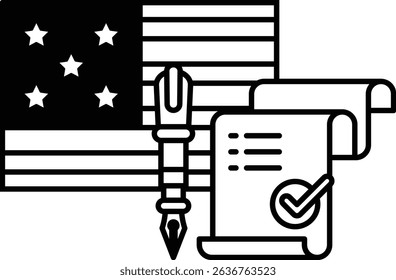A black and white image of a pen, a piece of paper, and a flag. Concept of writing and the importance of the written word