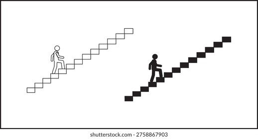 A black and white image of a person ascending a staircase with another staircase behind them that fades into the distance