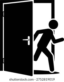 A black and white image of a person quickly exiting through an open doorway.