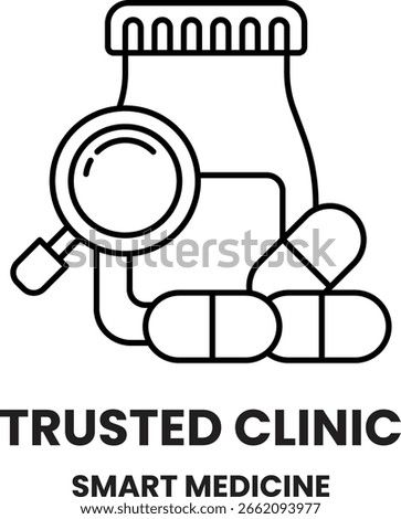 A black and white image of a pill bottle with a magnifying glass on top of it. The image is titled "Trusted Clinic" and is part of a Smart Medicine brand