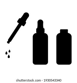 Black and white image of a pipette, bottle and drops in flat design.