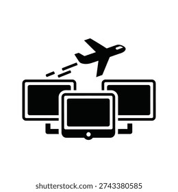 A black and white image of a plane flying over three computer screens