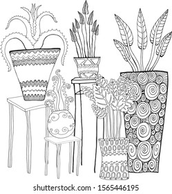 black and white image of plants freehand ink drawing isolated