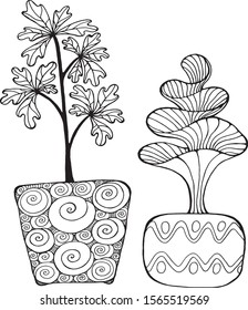 black and white image of plants set freehand ink drawing isolated