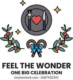A black and white image of a plate with a fork, knife and spoon on it. The plate is surrounded by a wreath of leaves and a bow. The image is titled Feel the Wonder