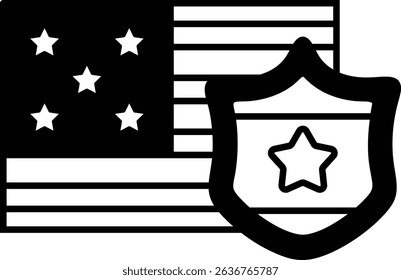 A black and white image of a police officer with a star on his hat. The image is of the American flag with stars