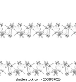 Black and white image of pomegranate fruits and flowers. Horizontal seamless print for different surfaces.
