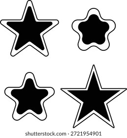 The black and white image presents four star shapes. One star has sharp points and a thin outline, while the others feature rounded edges and softer outlines, creating variety in style.