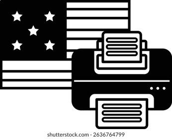 A black and white image of a printer and the American flag. The printer is placed on top of the flag, creating a sense of patriotism and pride. The printer is a symbol of modern technology