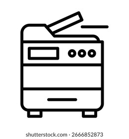Una Imagen en blanco y negro de una impresora. La impresora está abierta y lista para imprimir. La impresora es un diseño moderno y elegante con un diseño limpio. Trazo editable.