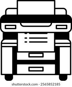 A black and white image of a printer. The printer is sitting on a desk and has a piece of paper in it