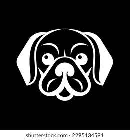 A black and white image of a pug dog head, on a black background illustration template